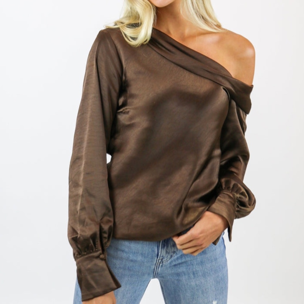 Off The Shoulder Brown Silky Top